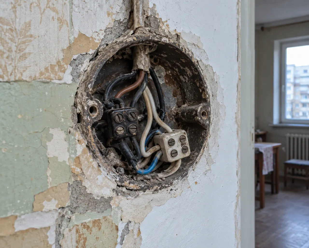 Electrician Sector 2 verificând o doză electrică veche Electrician Sector 2 verificând o doză electrică veche