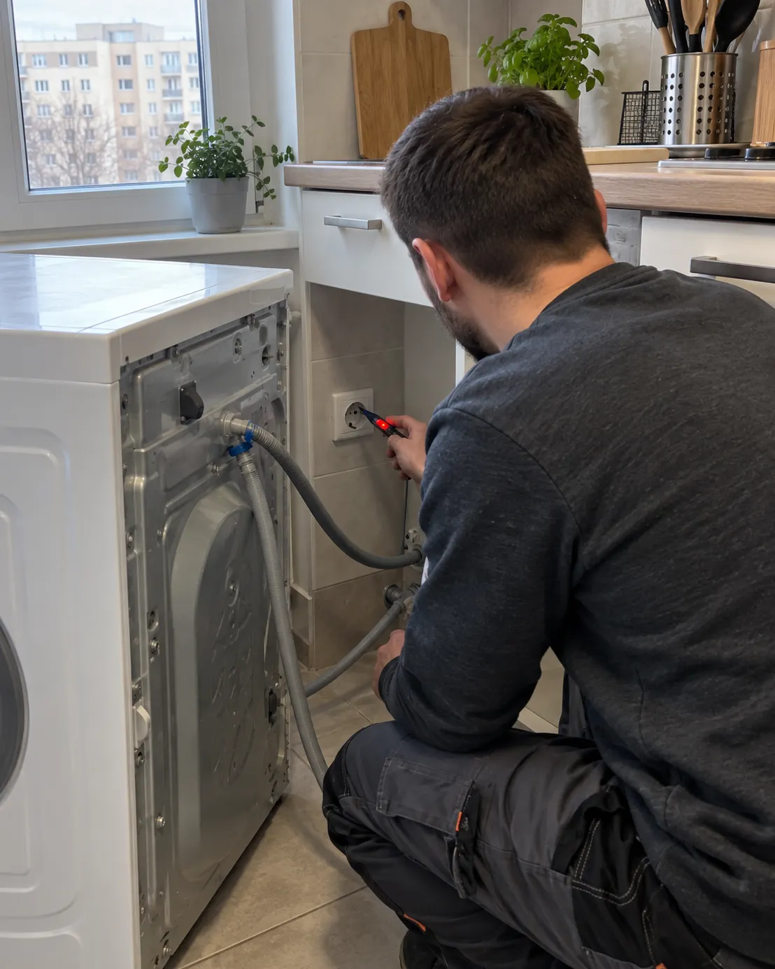 Electrician Sector 6 verificând circuitul mașinii de spălat