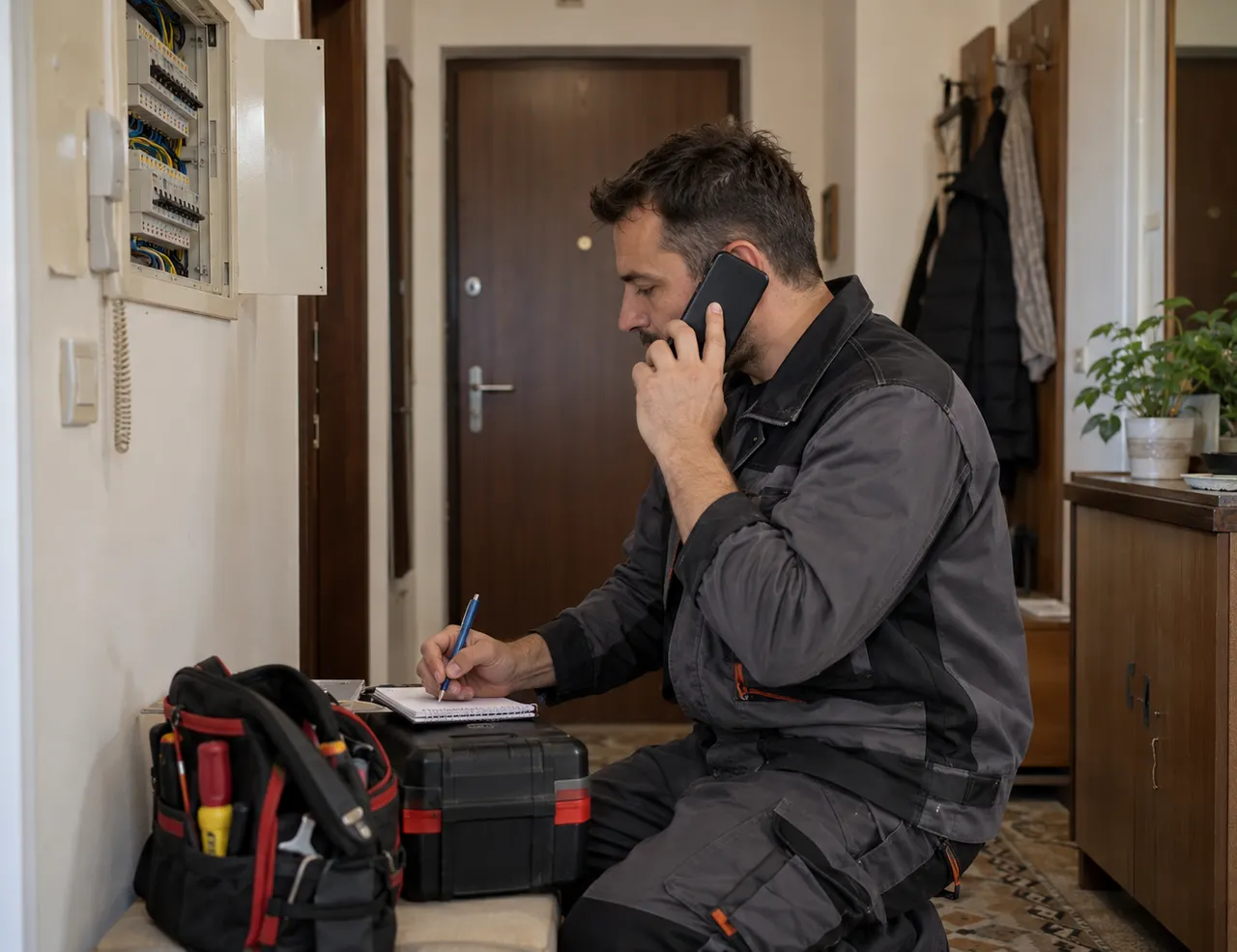 Electrician București discutând la telefon o solicitare Electrician București discutând la telefon o solicitare